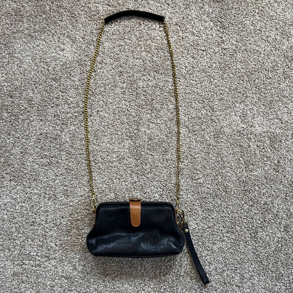 Genuine Leather Big Mouth Crossbody Bag Clutch Black And Brown With Gold Strap